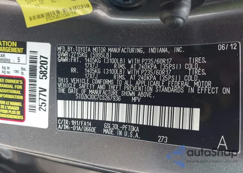 2012 Toyota Sienna Base V6 7 Passenger from USA, damaged, VIN 5TDZK3DC7CS267936